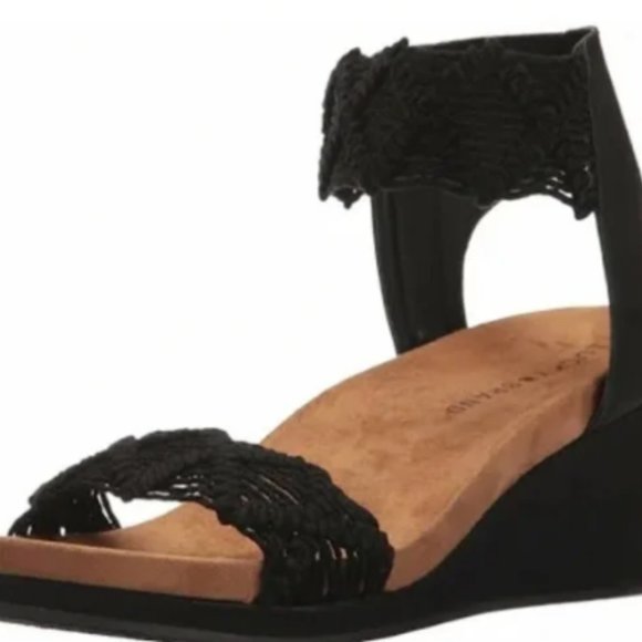 Lucky Brand Shoes - Lucky Brand | Kiero Black vegan leather Woven Wedge Sandals boho heels Size 6